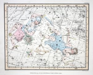 Konstelacje (tabl. III) Andromeda, Triangulum, II Perseus et Caput Medusae, Gloria Frederici, z „Atlasu niebieskiego” Aleksandra Jamiesona, wyd. Londyn 1822 (ręcznie kolorowane grawerowanie)